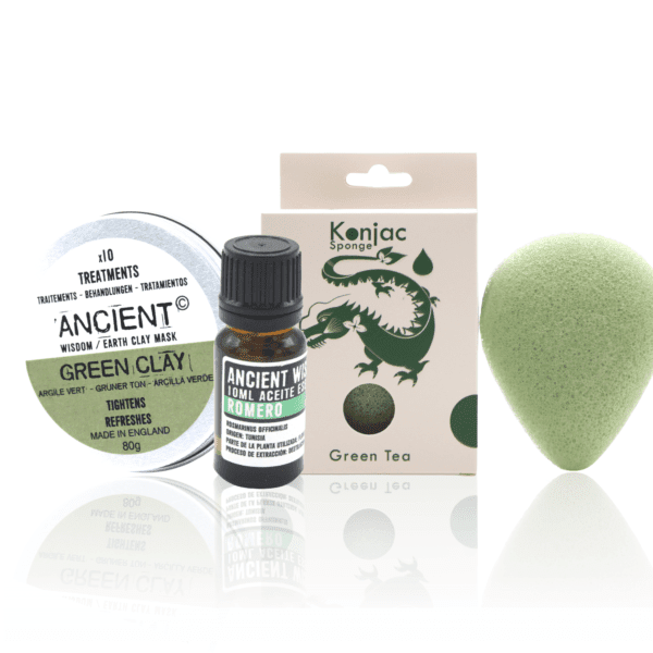 Pack facial Verde: Esponja Konjac Verde, Arcilla y Aceite Esencial