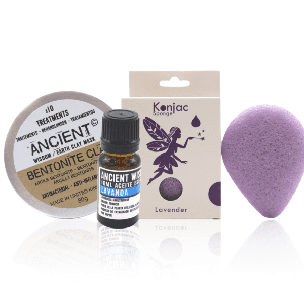 Pack facial Morado: Esponja Konjac Morada, Arcilla y Aceite Esencial