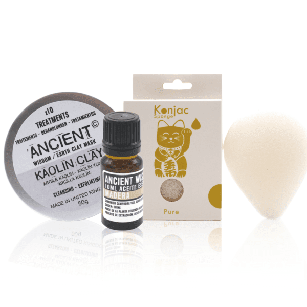 Pack facial Blanco: Esponja Konjac Natural, Arcilla y Aceite Esencial