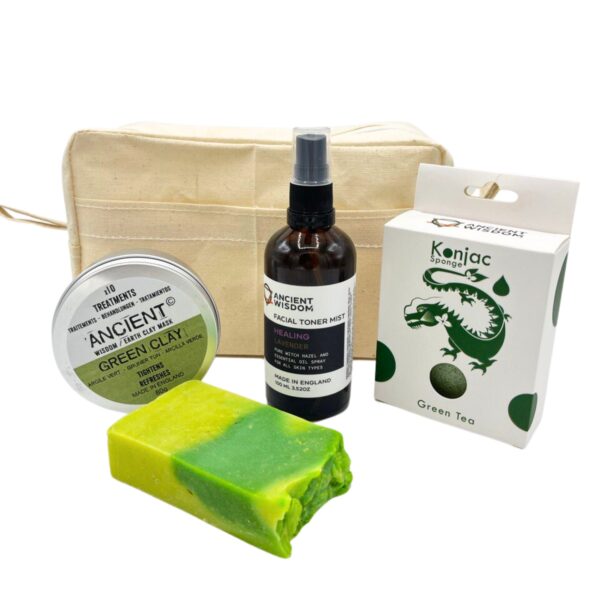 Pack Cuidado Facial de arcilla verde, aceite de lavanda, jabón aloe vera y esponja konjac